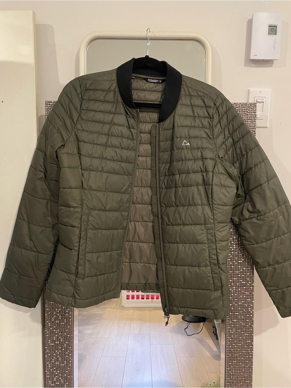 Paradox Olive Green Quilted Bomber Jacket with Black Collar